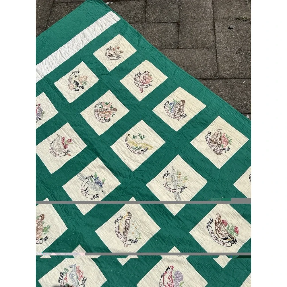 Vintage Heirloom 48 State Bird Fully Hand Stitched And Embroidered Quilt 81x88